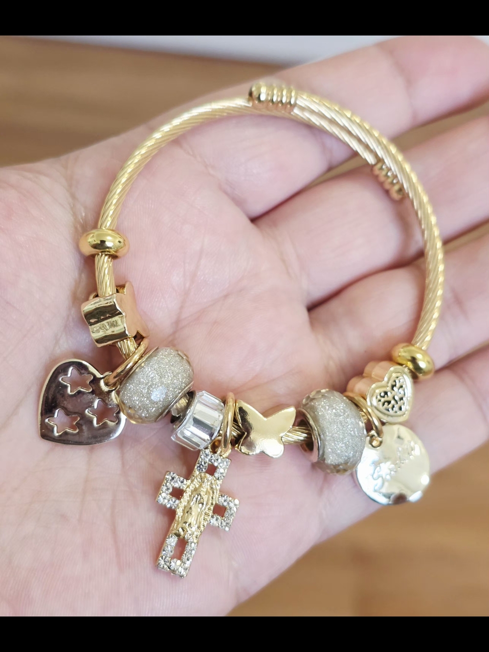 Gold-Tone Charm Bracelet with Sparkling Beads and Cross Pendant